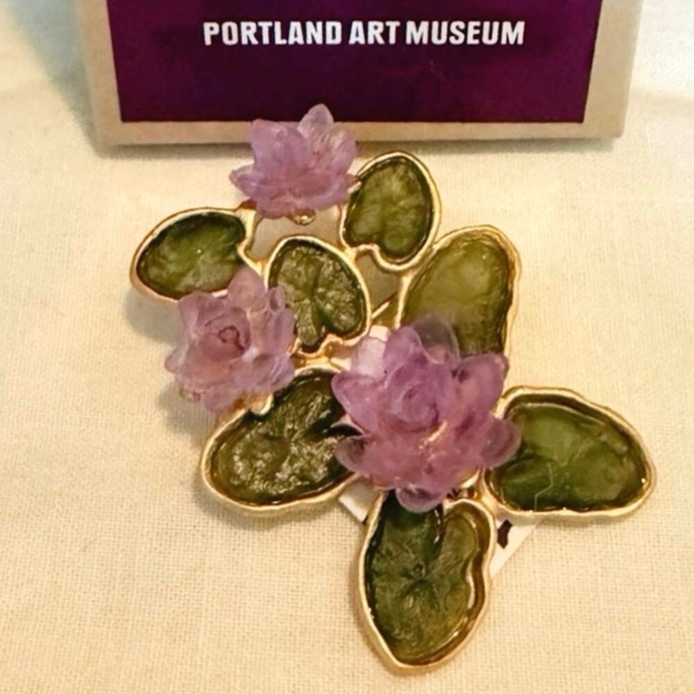 Michael Michaud Water Lily Brooch • Bronze & Purple Glass • NWT